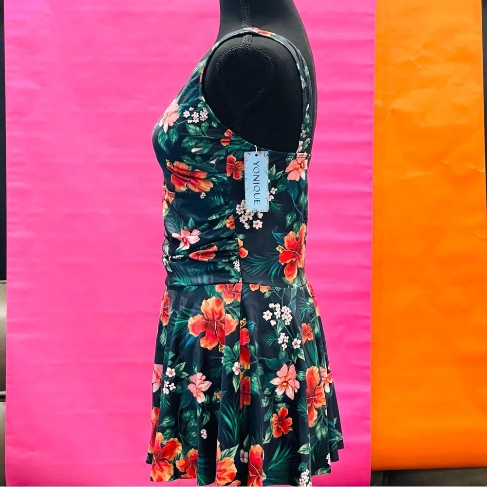 Yonique Floral Tropical Hibiscus One-Piece Swimsuit Size Large